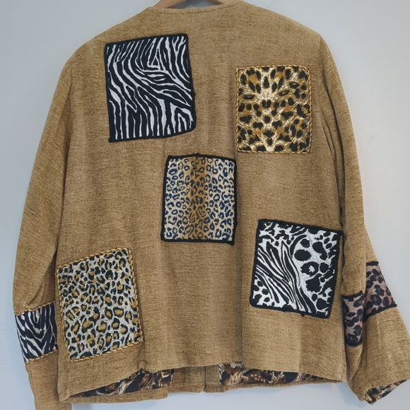 Black Cat Blazer Jacket Women's Medium Tan Patchwork Bead Embroidery Button - Picture 6 of 15